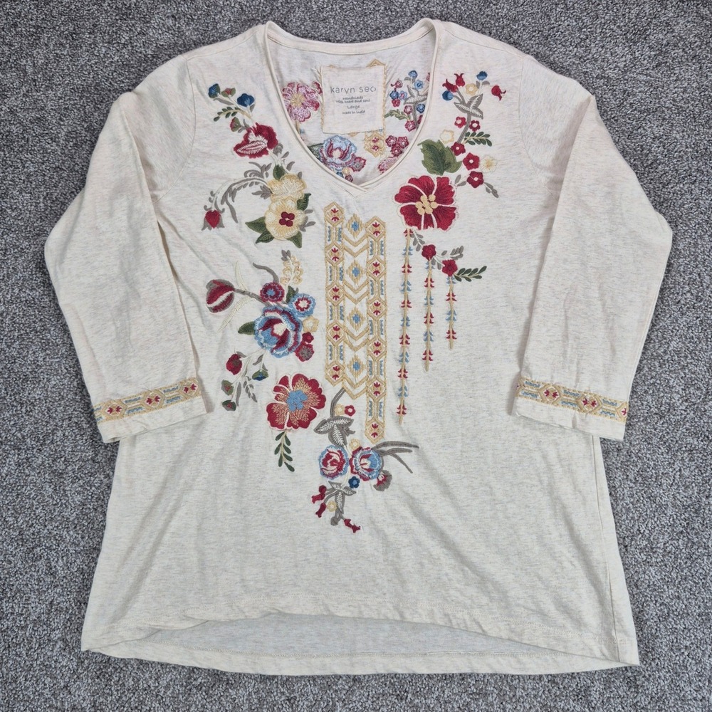 Karyn Seo Embroidered Top Womens Large Floral Boho Anthropologie Cotton